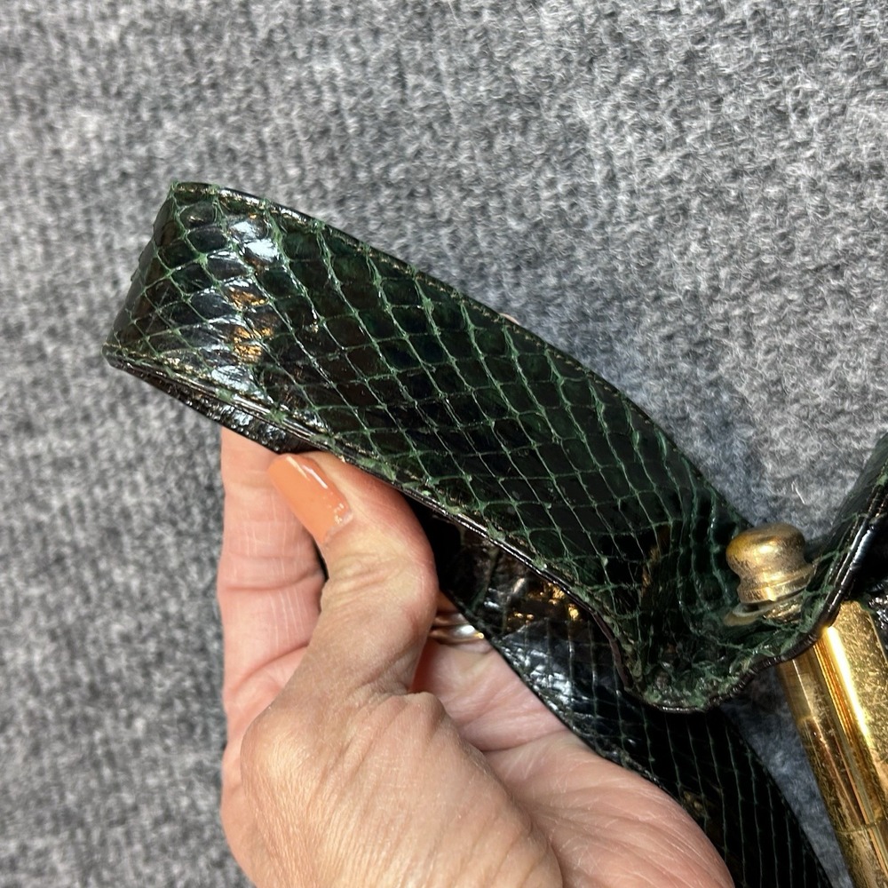 Vintage Dark Green Snake Lizard Skin Handbag with Clasp Closure By Alan Reptile - Picture 3 of 14